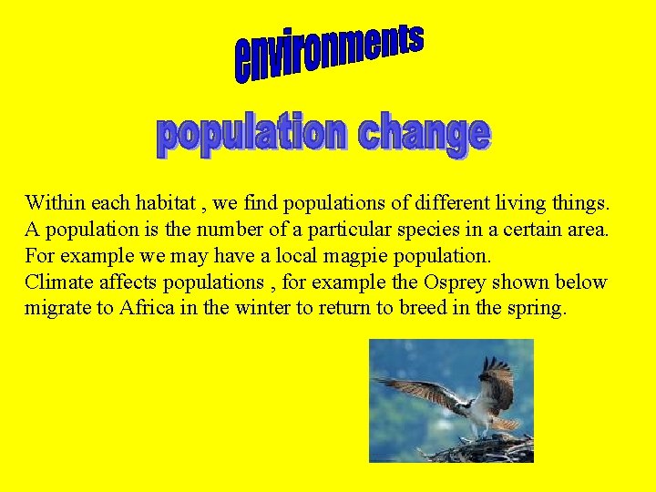 Within each habitat , we find populations of different living things. A population is