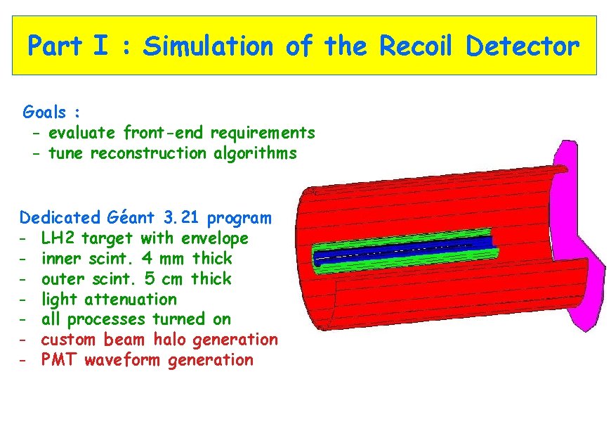 Part I : Simulation of the Recoil Detector Goals : - evaluate front-end requirements