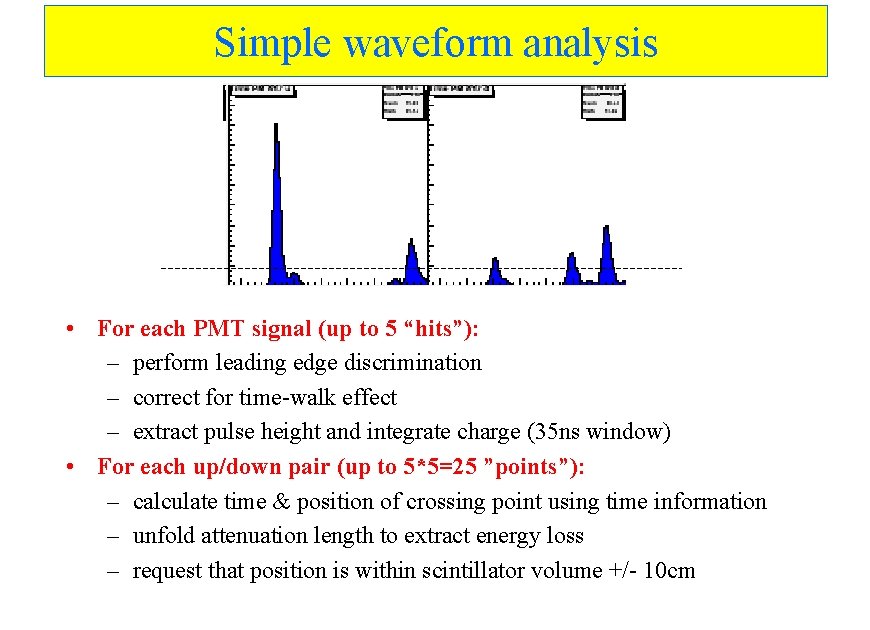 Simple waveform analysis • For each PMT signal (up to 5 “hits”): – perform