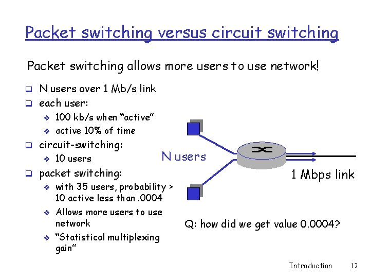 Packet switching versus circuit switching Packet switching allows more users to use network! q