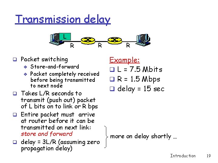 Transmission delay L R R q Packet switching v Store-and-forward v Packet completely received