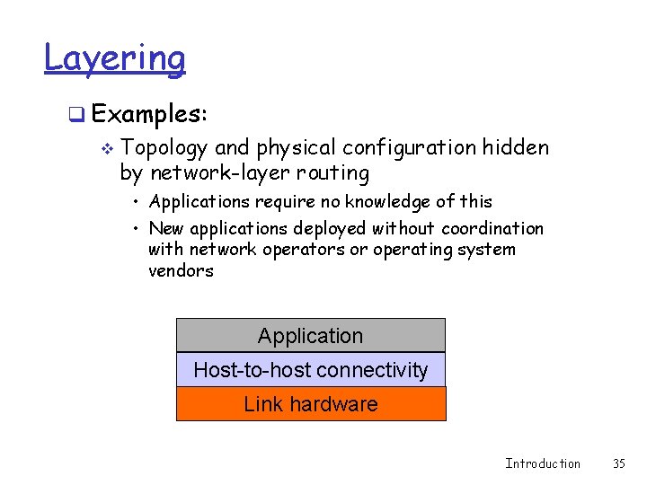 Layering q Examples: v Topology and physical configuration hidden by network-layer routing • Applications