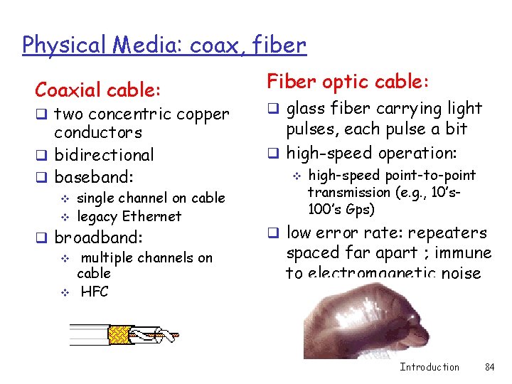 Physical Media: coax, fiber Coaxial cable: Fiber optic cable: conductors q bidirectional q baseband: