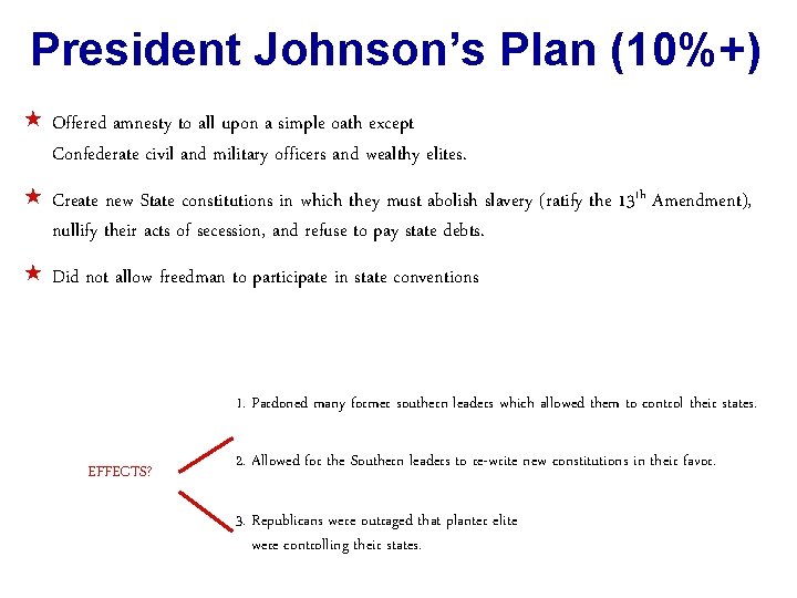 President Johnson’s Plan (10%+) « Offered amnesty to all upon a simple oath except