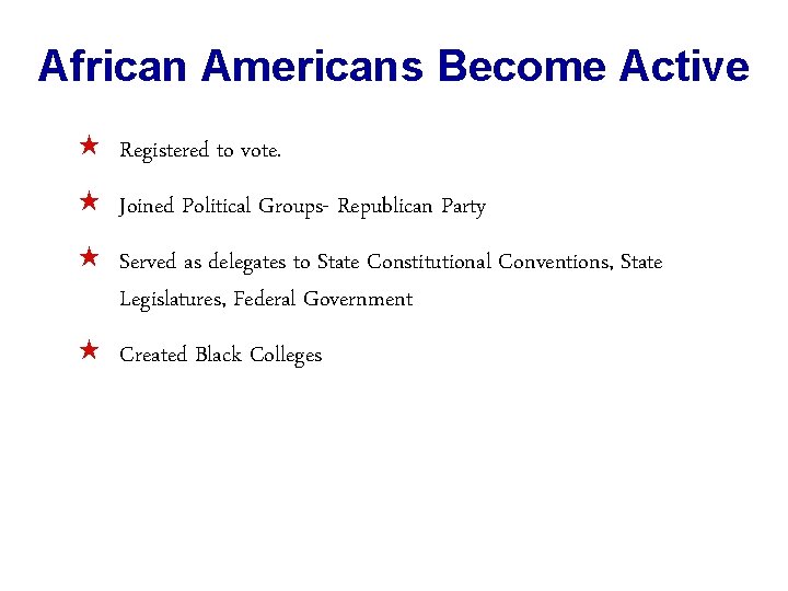 African Americans Become Active « Registered to vote. « Joined Political Groups- Republican Party