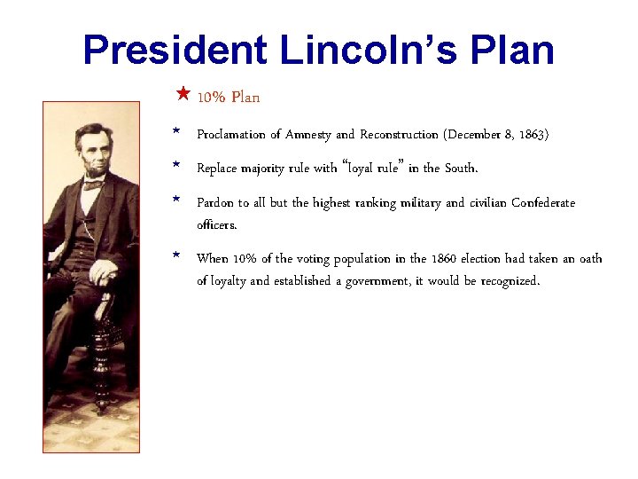 President Lincoln’s Plan « 10% Plan * Proclamation of Amnesty and Reconstruction (December 8,