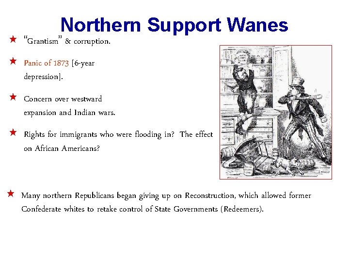 Northern Support Wanes « “Grantism” & corruption. « Panic of 1873 [6 -year depression].