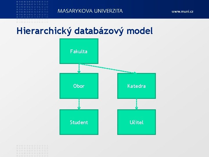 Hierarchický databázový model Fakulta Obor Katedra Student Učitel 