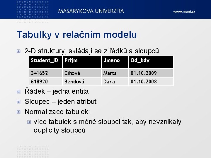 Tabulky v relačním modelu 2 -D struktury, skládají se z řádků a sloupců Student_ID