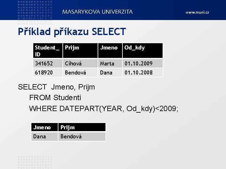 Příklad příkazu SELECT Student_ ID Prijm Jmeno Od_kdy 341652 Cíhová Marta 01. 10. 2009