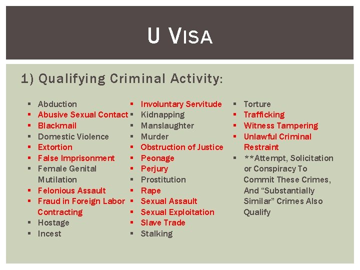 U V ISA 1) Qualifying Criminal Activity: § § § Abduction Abusive Sexual Contact