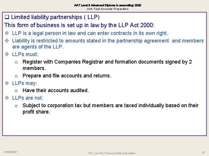 AAT Level 3 Advanced Diploma in accounting: 2020 Unit: Final Accounts Preparation q Limited