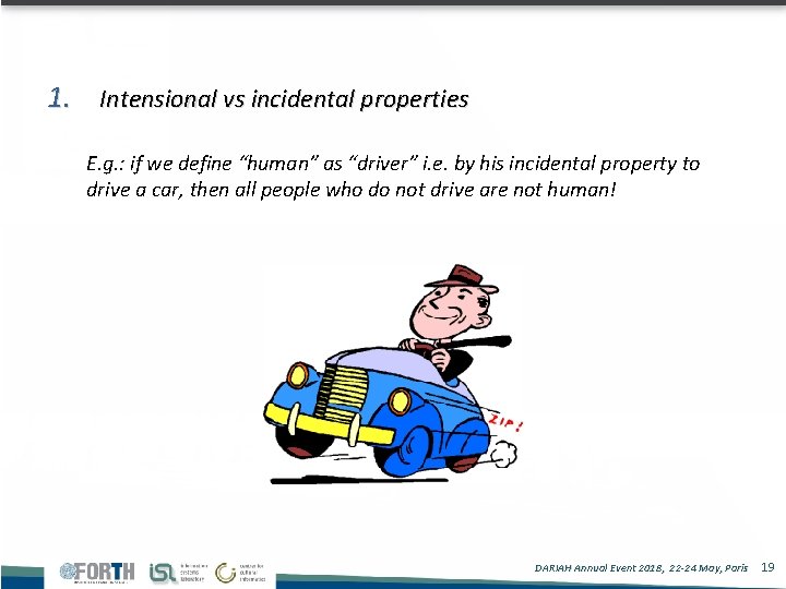 1. Intensional vs incidental properties E. g. : if we define “human” as “driver”