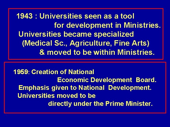 1943 : Universities seen as a tool for development in Ministries. Universities became specialized