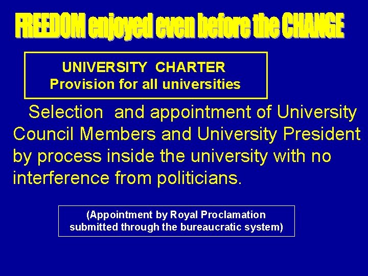 UNIVERSITY CHARTER Provision for all universities Selection and appointment of University Council Members and