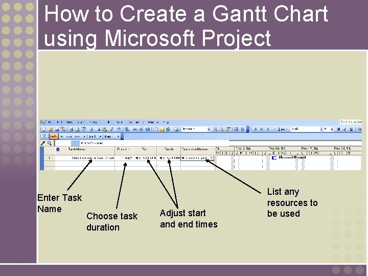 How to Create a Gantt Chart using Microsoft Project Enter Task Name Choose task How to Create a Gantt Chart using Microsoft Project Enter Task Name Choose task