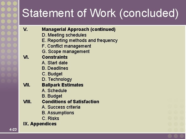 Statement of Work (concluded) V. Managerial Approach (continued) D. Meeting schedules E. Reporting methods Statement of Work (concluded) V. Managerial Approach (continued) D. Meeting schedules E. Reporting methods