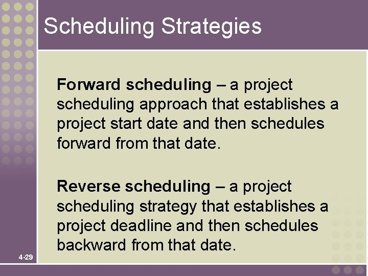 Scheduling Strategies Forward scheduling – a project scheduling approach that establishes a project start Scheduling Strategies Forward scheduling – a project scheduling approach that establishes a project start