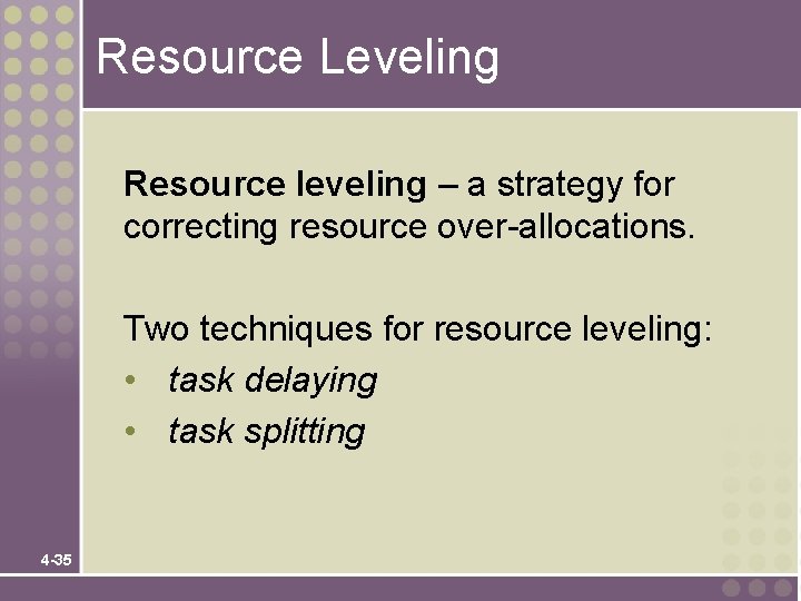 Resource Leveling Resource leveling – a strategy for correcting resource over-allocations. Two techniques for Resource Leveling Resource leveling – a strategy for correcting resource over-allocations. Two techniques for