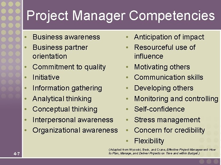 Project Manager Competencies • Business awareness • Business partner orientation • Commitment to quality Project Manager Competencies • Business awareness • Business partner orientation • Commitment to quality