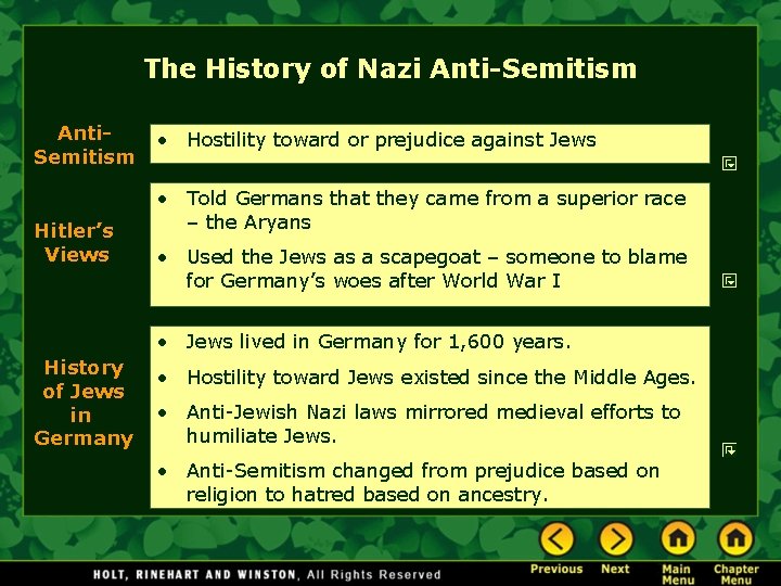 The History of Nazi Anti-Semitism Anti. Semitism Hitler’s Views • Hostility toward or prejudice