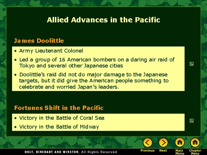 Allied Advances in the Pacific James Doolittle • Army Lieutenant Colonel • Led a