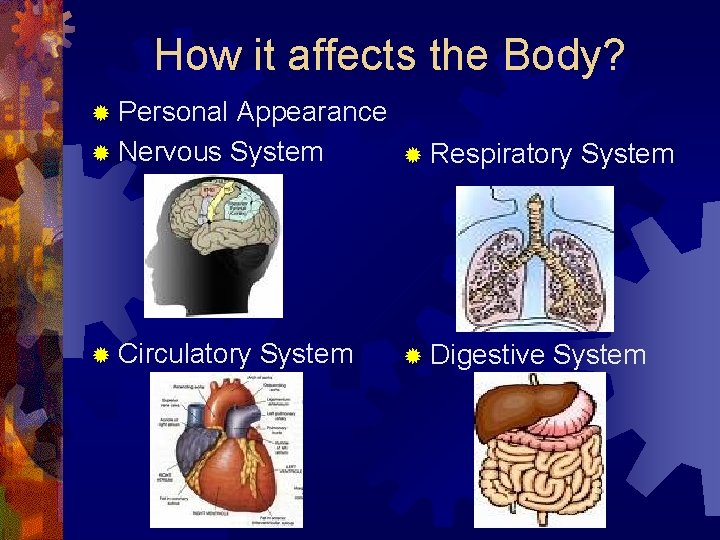 How it affects the Body? ® Personal Appearance ® Nervous System ® Respiratory System