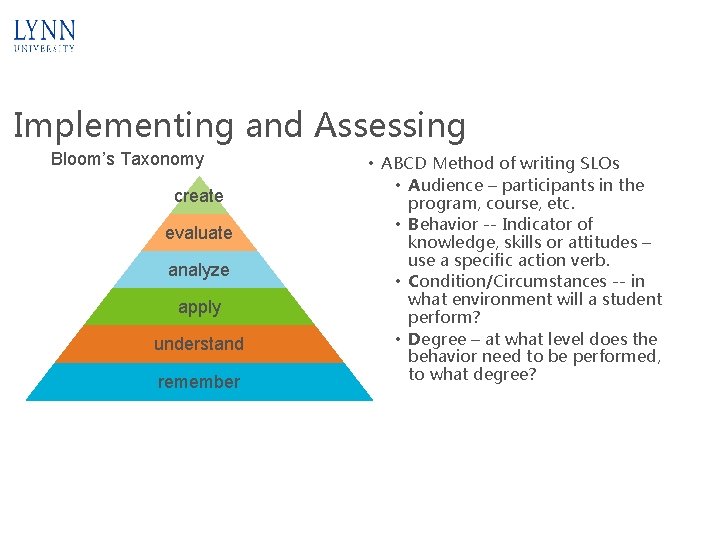 Implementing and Assessing Bloom’s Taxonomy create evaluate analyze apply understand remember • ABCD Method