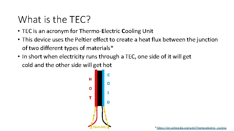 What is the TEC? • TEC is an acronym for Thermo-Electric Cooling Unit •