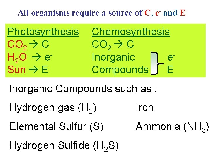 All organisms require a source of C, e- and E Photosynthesis CO 2 C