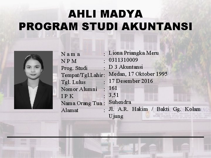 AHLI MADYA PROGRAM STUDI AKUNTANSI Nama : NPM : Prog. Studi : Tempat/Tgl. Lahir: