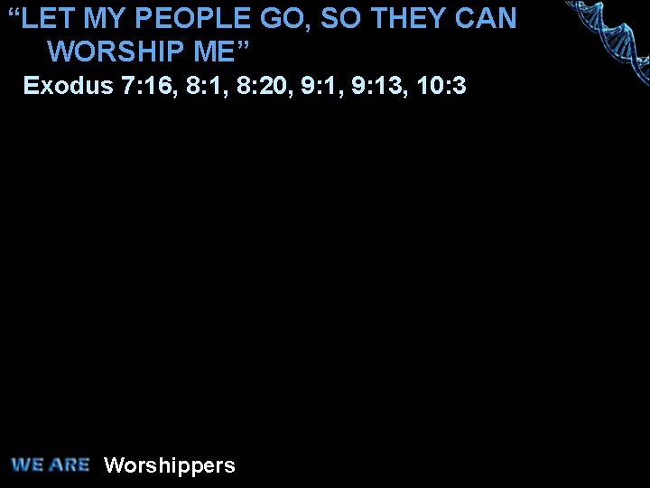 “LET MY PEOPLE GO, SO THEY CAN WORSHIP ME” Exodus 7: 16, 8: 1,