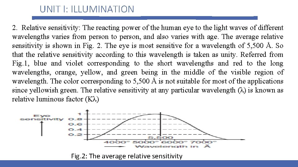 UNIT I: ILLUMINATION 2. Relative sensitivity: The reacting power of the human eye to