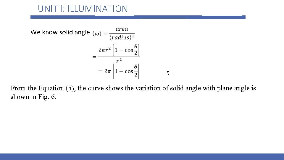 UNIT I: ILLUMINATION We know solid angle 5 From the Equation (5), the curve