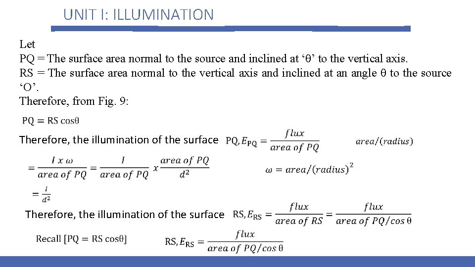 UNIT I: ILLUMINATION Let PQ = The surface area normal to the source and