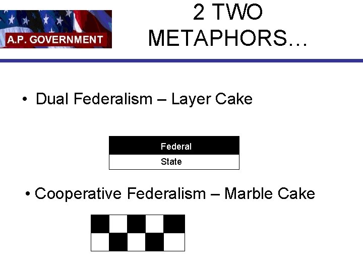 2 TWO METAPHORS… • Dual Federalism – Layer Cake Federal State • Cooperative Federalism