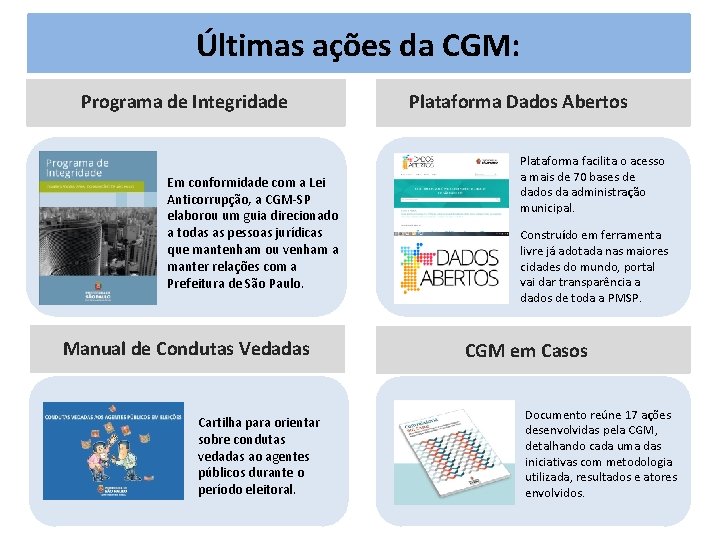 Últimas ações da CGM: Programa de Integridade Em conformidade com a Lei Anticorrupção, a