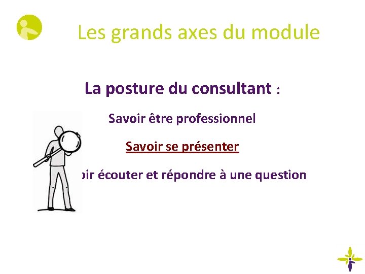 Les grands axes du module La posture du consultant : Savoir être professionnel Savoir