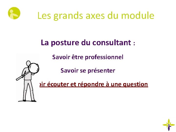 Les grands axes du module La posture du consultant : Savoir être professionnel Savoir