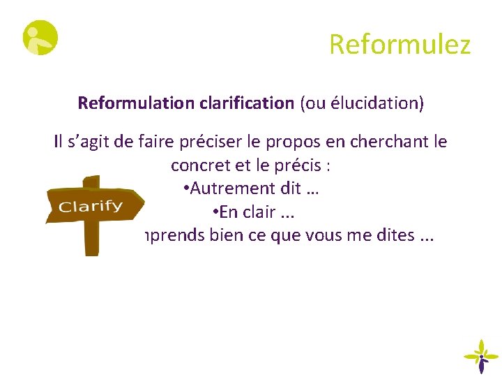 Reformulez Reformulation clarification (ou élucidation) Il s’agit de faire préciser le propos en cherchant