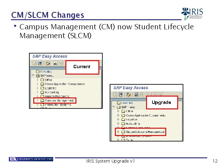 CM/SLCM Changes • Campus Management (CM) now Student Lifecycle Management (SLCM) IRIS System Upgrade