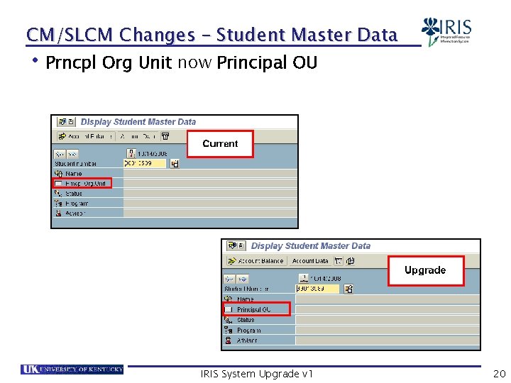 CM/SLCM Changes – Student Master Data • Prncpl Org Unit now Principal OU IRIS