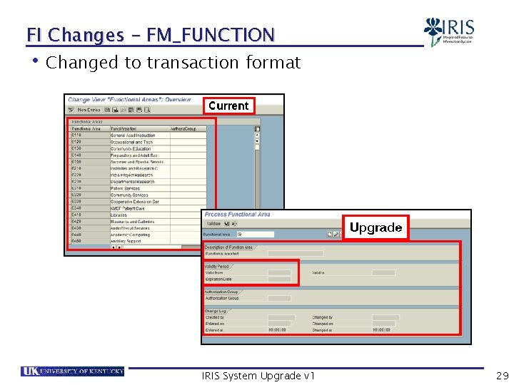 FI Changes – FM_FUNCTION • Changed to transaction format IRIS System Upgrade v 1