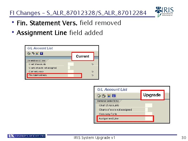 FI Changes – S_ALR_87012328/S_ALR_87012284 • Fin. Statement Vers. field removed • Assignment Line field