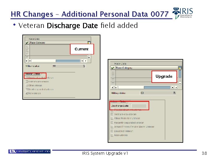 HR Changes – Additional Personal Data 0077 Veteran Discharge Date field added • IRIS