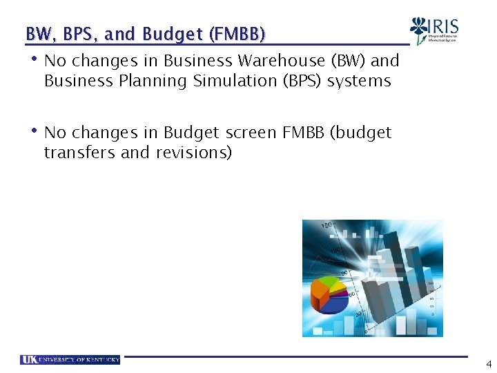 BW, BPS, and Budget (FMBB) • No changes in Business Warehouse (BW) and Business