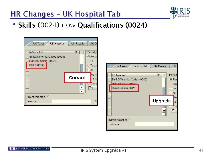 HR Changes – UK Hospital Tab • Skills (0024) now Qualifications (0024) IRIS System