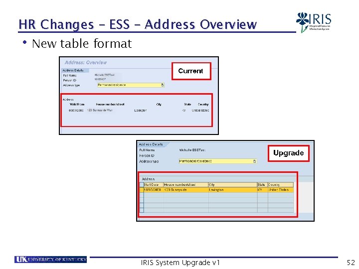 HR Changes – ESS – Address Overview • New table format IRIS System Upgrade