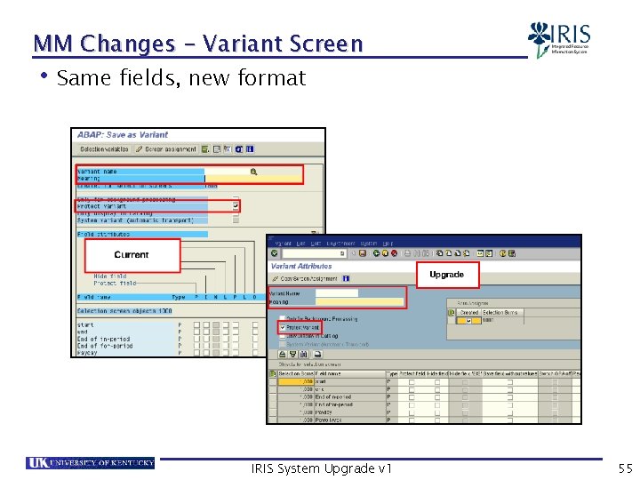 MM Changes – Variant Screen • Same fields, new format IRIS System Upgrade v
