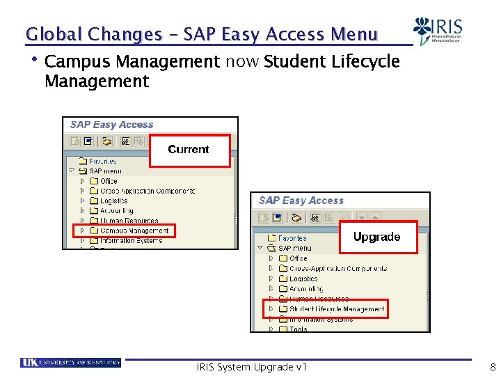 Global Changes – SAP Easy Access Menu • Campus Management now Student Lifecycle Management